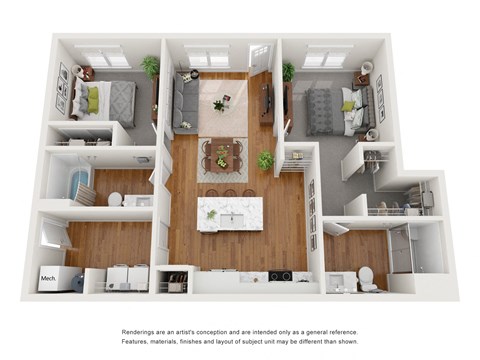 Floor plan for 2 beds, 2 baths, 1029 sqft